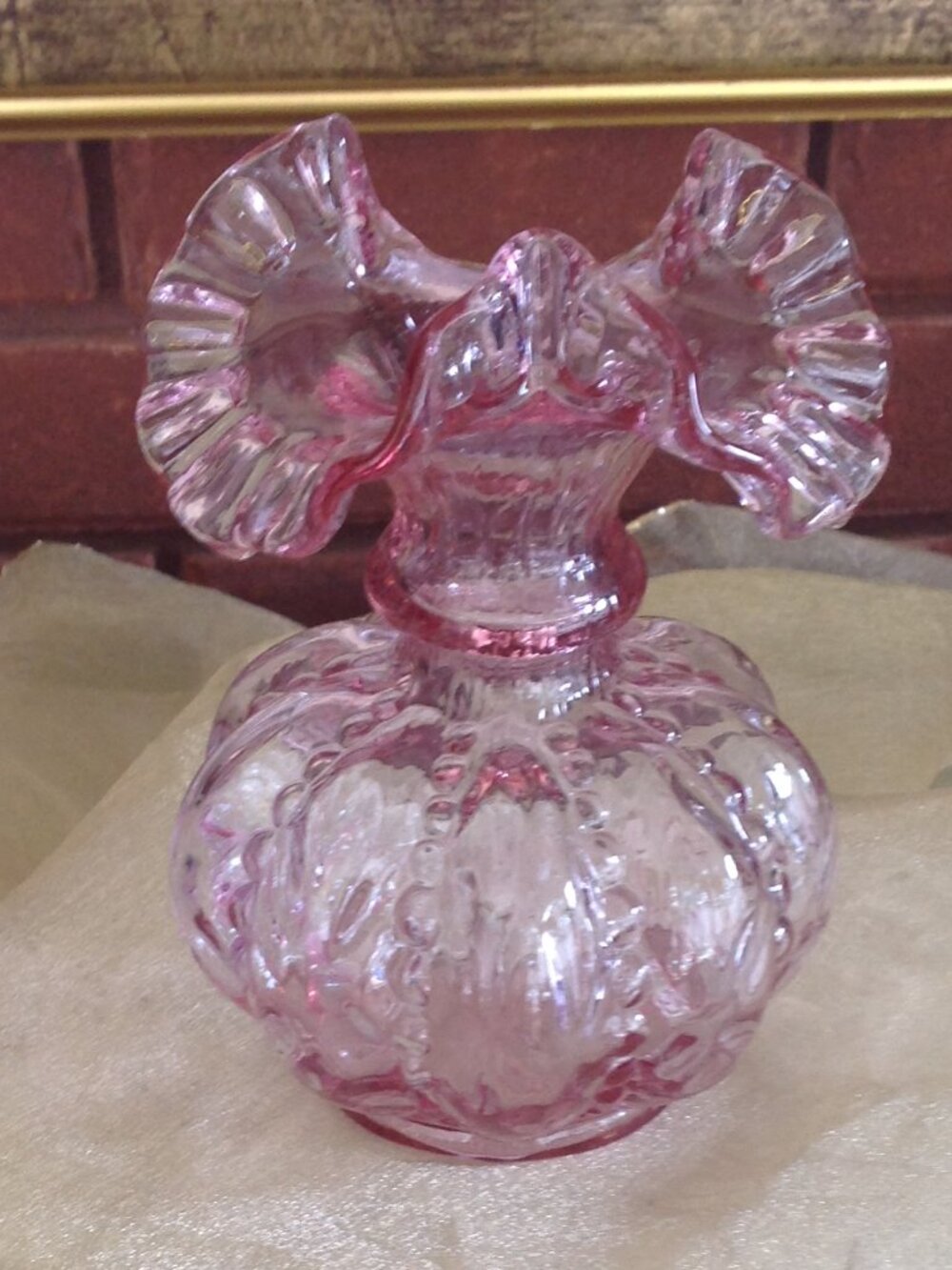 Vintage Fenton Dusty Rose Beaded Melon Vase Ruffled Top
